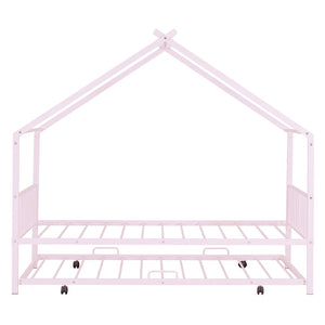 HomeRoots Pink Metal Twin Bed Frame with Trundle - Stylish, Durable, Space-Saving Design for Kids & Guests 590283