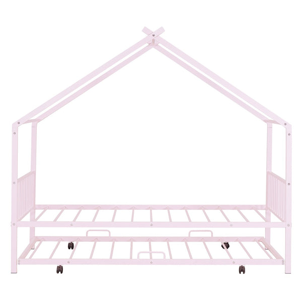 HomeRoots Pink Metal Twin Bed Frame with Trundle - Stylish, Durable, Space-Saving Design for Kids & Guests 590283