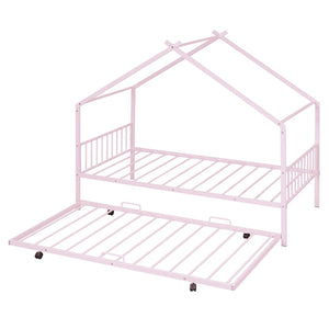 HomeRoots Pink Metal Twin Bed Frame with Trundle - Stylish, Durable, Space-Saving Design for Kids & Guests 590283