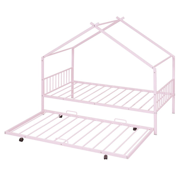 HomeRoots Pink Metal Twin Bed Frame with Trundle - Stylish, Durable, Space-Saving Design for Kids & Guests 590283