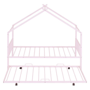 HomeRoots Pink Metal Twin Bed Frame with Trundle - Stylish, Durable, Space-Saving Design for Kids & Guests 590283
