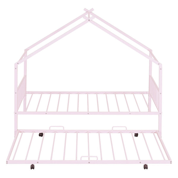 HomeRoots Pink Metal Twin Bed Frame with Trundle - Stylish, Durable, Space-Saving Design for Kids & Guests 590283