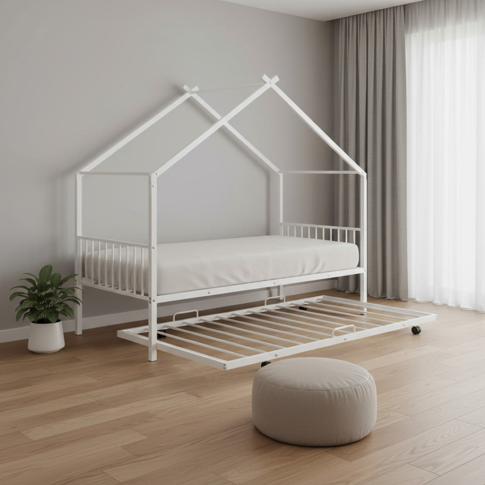HomeRoots White Metal Twin Bed Frame with Trundle - Stylish, Durable Design for Kids and Guest Rooms, Space-Saving! 590284