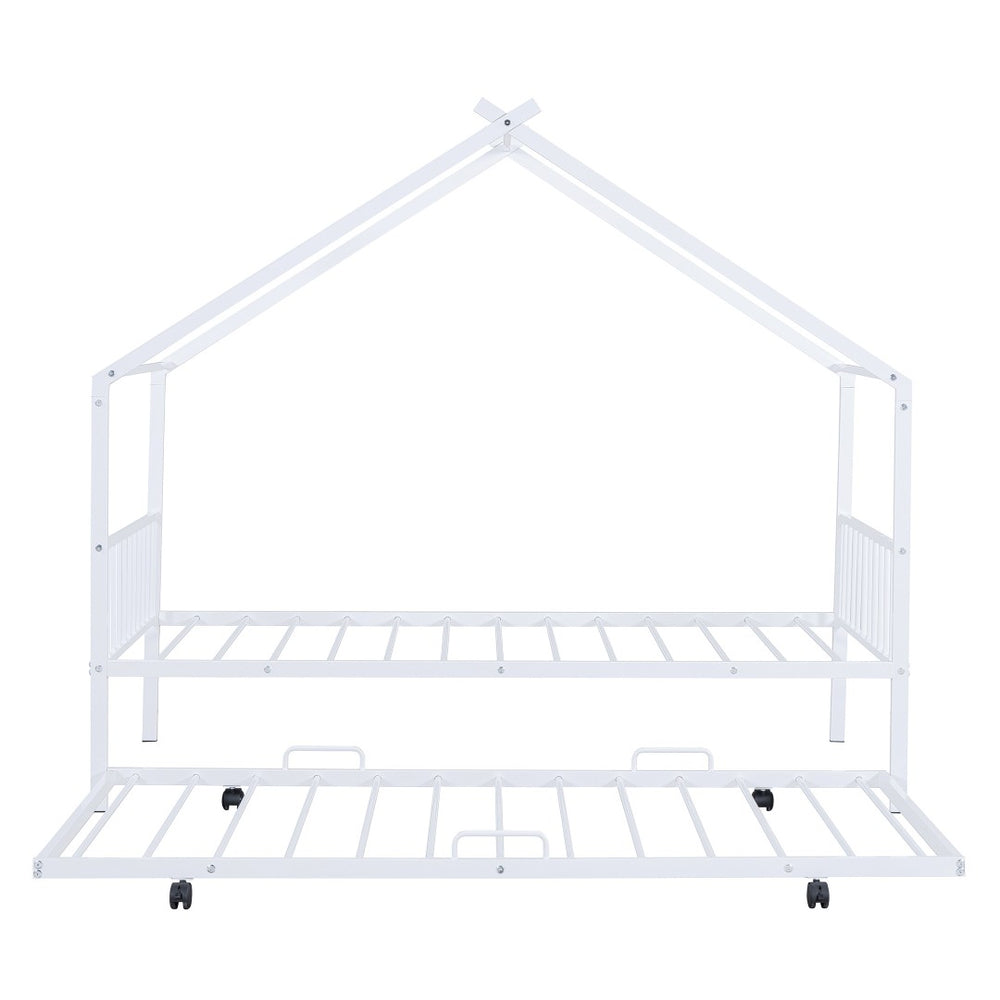HomeRoots White Metal Twin Bed Frame with Trundle - Stylish, Durable Design for Kids and Guest Rooms, Space-Saving! 590284