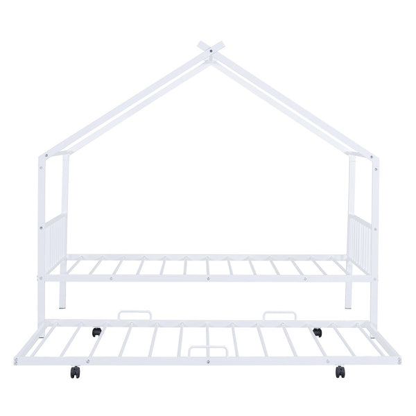 HomeRoots White Metal Twin Bed Frame with Trundle - Stylish, Durable Design for Kids and Guest Rooms, Space-Saving! 590284
