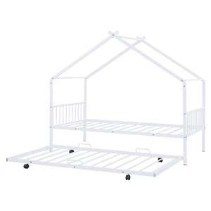 HomeRoots White Metal Twin Bed Frame with Trundle - Stylish, Durable Design for Kids and Guest Rooms, Space-Saving! 590284