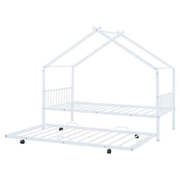 HomeRoots White Metal Twin Bed Frame with Trundle - Stylish, Durable Design for Kids and Guest Rooms, Space-Saving! 590284