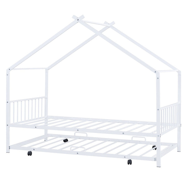 HomeRoots White Metal Twin Bed Frame with Trundle - Stylish, Durable Design for Kids and Guest Rooms, Space-Saving! 590284