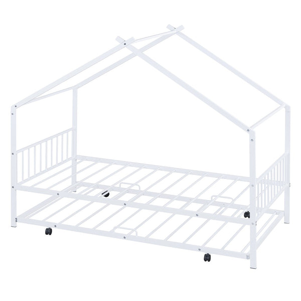 HomeRoots White Metal Twin Bed Frame with Trundle - Stylish, Durable Design for Kids and Guest Rooms, Space-Saving! 590284