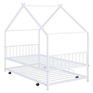HomeRoots White Metal Twin Bed Frame with Trundle - Stylish, Durable Design for Kids and Guest Rooms, Space-Saving! 590284