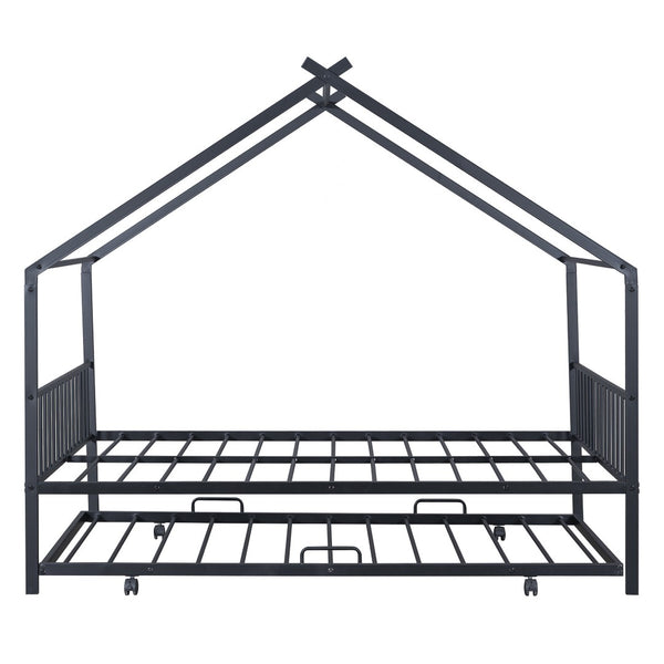 HomeRoots Black Metal Full Bed Frame with Trundle – Stylish Space-Saving Design for Modern Bedrooms & Guests 590285