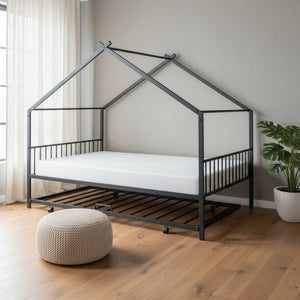 HomeRoots Black Metal Full Bed Frame with Trundle – Stylish Space-Saving Design for Modern Bedrooms & Guests 590285