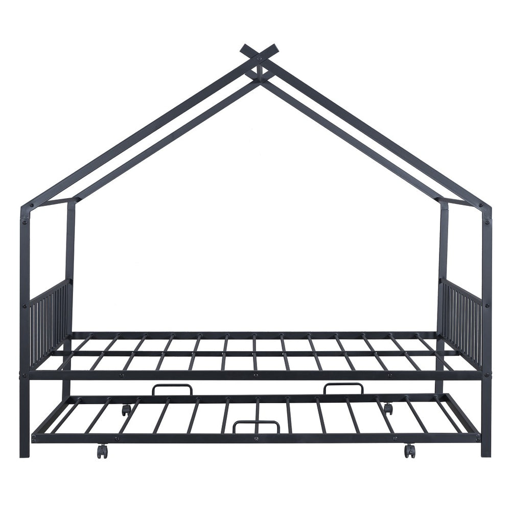 HomeRoots Black Metal Full Bed Frame with Trundle – Stylish Space-Saving Design for Modern Bedrooms & Guests 590285