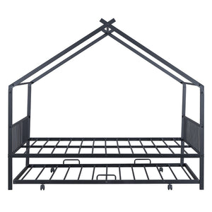 HomeRoots Black Metal Full Bed Frame with Trundle – Stylish Space-Saving Design for Modern Bedrooms & Guests 590285