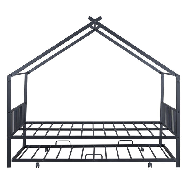 HomeRoots Black Metal Full Bed Frame with Trundle – Stylish Space-Saving Design for Modern Bedrooms & Guests 590285