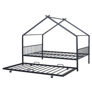 HomeRoots Black Metal Full Bed Frame with Trundle – Stylish Space-Saving Design for Modern Bedrooms & Guests 590285
