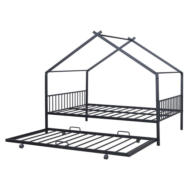 HomeRoots Black Metal Full Bed Frame with Trundle – Stylish Space-Saving Design for Modern Bedrooms & Guests 590285