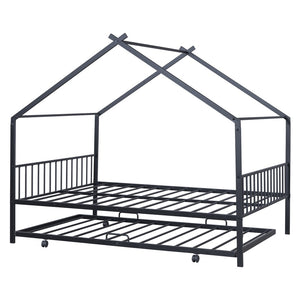 HomeRoots Black Metal Full Bed Frame with Trundle – Stylish Space-Saving Design for Modern Bedrooms & Guests 590285