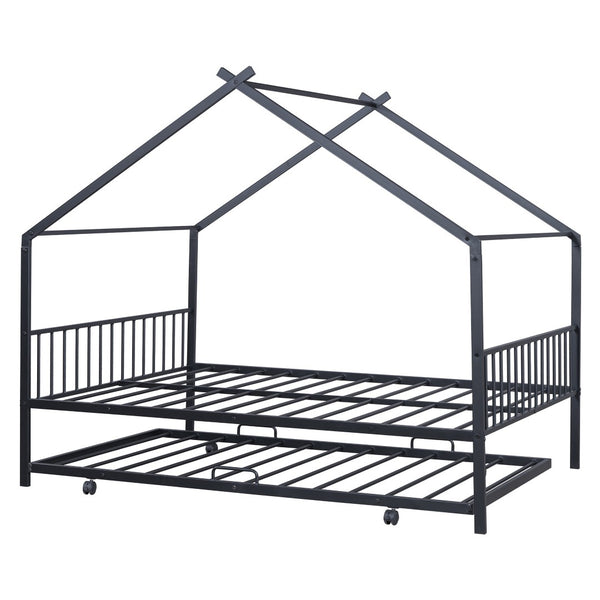 HomeRoots Black Metal Full Bed Frame with Trundle – Stylish Space-Saving Design for Modern Bedrooms & Guests 590285