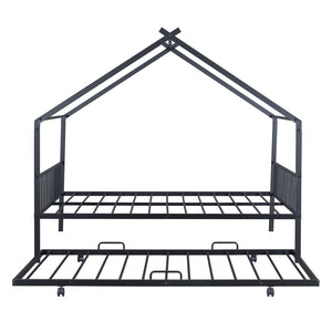 HomeRoots Black Metal Full Bed Frame with Trundle – Stylish Space-Saving Design for Modern Bedrooms & Guests 590285