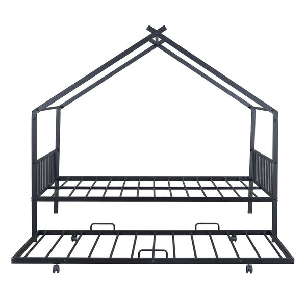 HomeRoots Black Metal Full Bed Frame with Trundle – Stylish Space-Saving Design for Modern Bedrooms & Guests 590285