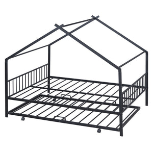 HomeRoots Black Metal Full Bed Frame with Trundle – Stylish Space-Saving Design for Modern Bedrooms & Guests 590285