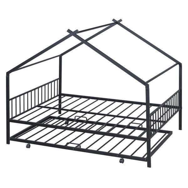 HomeRoots Black Metal Full Bed Frame with Trundle – Stylish Space-Saving Design for Modern Bedrooms & Guests 590285