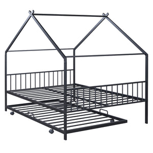 HomeRoots Black Metal Full Bed Frame with Trundle – Stylish Space-Saving Design for Modern Bedrooms & Guests 590285