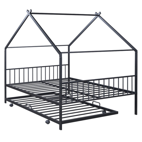 HomeRoots Black Metal Full Bed Frame with Trundle – Stylish Space-Saving Design for Modern Bedrooms & Guests 590285