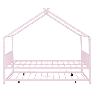 HomeRoots Pink Metal Full Bed Frame with Trundle - Chic, Durable Design for Kids' Rooms & Guest Spaces 590286