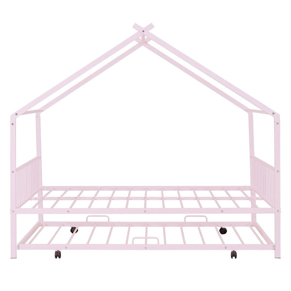 HomeRoots Pink Metal Full Bed Frame with Trundle - Chic, Durable Design for Kids' Rooms & Guest Spaces 590286