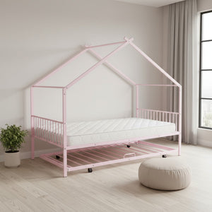 HomeRoots Pink Metal Full Bed Frame with Trundle - Chic, Durable Design for Kids' Rooms & Guest Spaces 590286