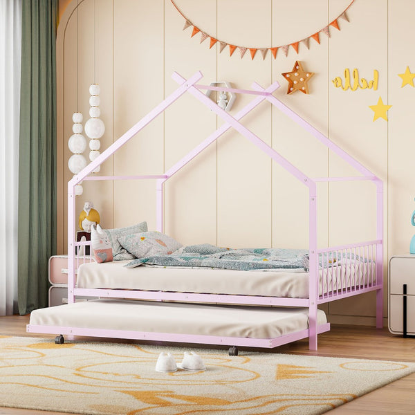 HomeRoots Pink Metal Full Bed Frame with Trundle - Chic, Durable Design for Kids' Rooms & Guest Spaces 590286