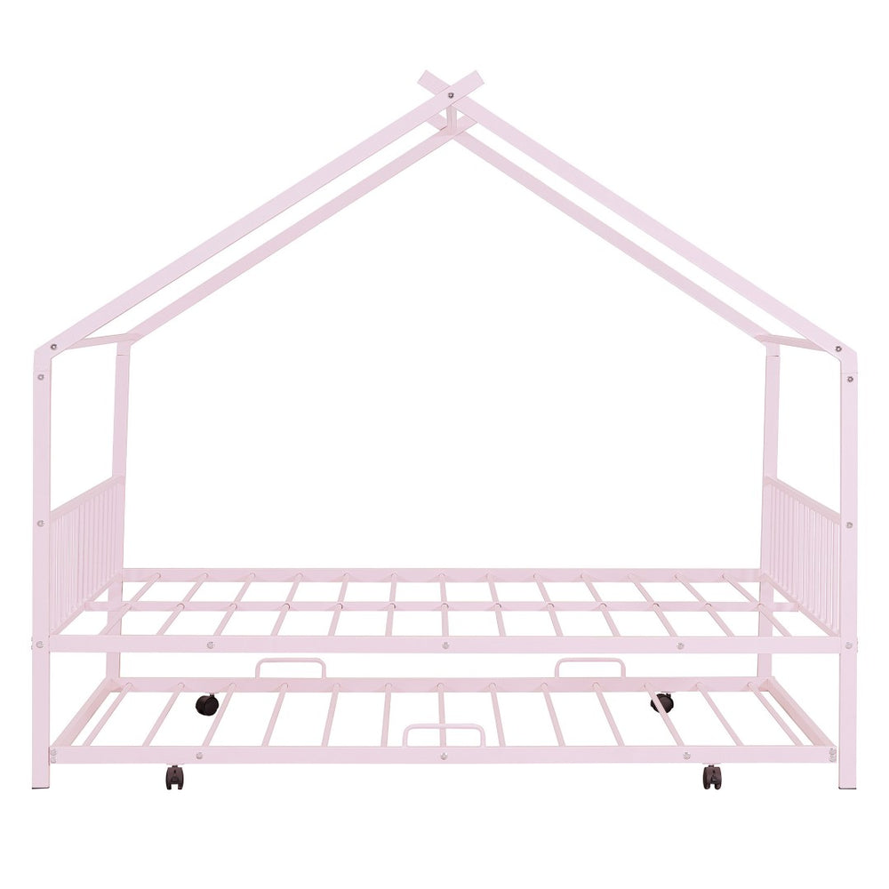 HomeRoots Pink Metal Full Bed Frame with Trundle - Chic, Durable Design for Kids' Rooms & Guest Spaces 590286