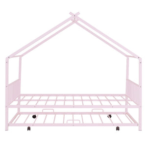 HomeRoots Pink Metal Full Bed Frame with Trundle - Chic, Durable Design for Kids' Rooms & Guest Spaces 590286
