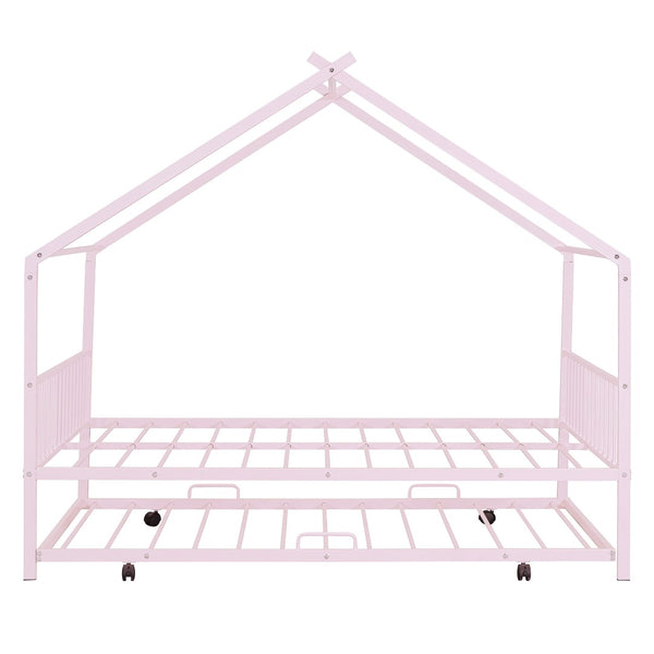 HomeRoots Pink Metal Full Bed Frame with Trundle - Chic, Durable Design for Kids' Rooms & Guest Spaces 590286