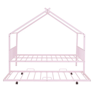 HomeRoots Pink Metal Full Bed Frame with Trundle - Chic, Durable Design for Kids' Rooms & Guest Spaces 590286