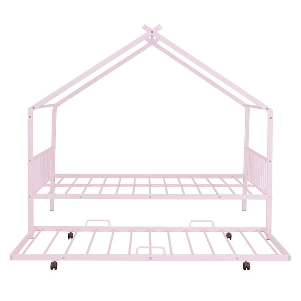 HomeRoots Pink Metal Full Bed Frame with Trundle - Chic, Durable Design for Kids' Rooms & Guest Spaces 590286