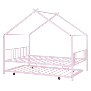HomeRoots Pink Metal Full Bed Frame with Trundle - Chic, Durable Design for Kids' Rooms & Guest Spaces 590286