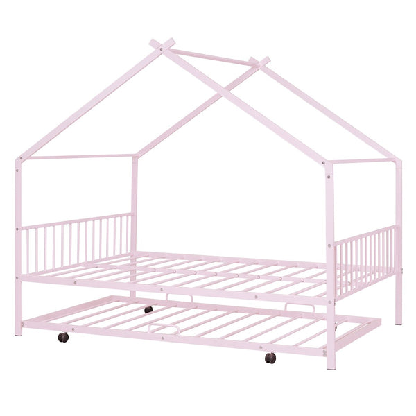 HomeRoots Pink Metal Full Bed Frame with Trundle - Chic, Durable Design for Kids' Rooms & Guest Spaces 590286