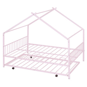 HomeRoots Pink Metal Full Bed Frame with Trundle - Chic, Durable Design for Kids' Rooms & Guest Spaces 590286