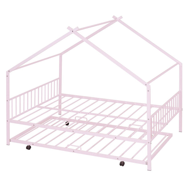 HomeRoots Pink Metal Full Bed Frame with Trundle - Chic, Durable Design for Kids' Rooms & Guest Spaces 590286