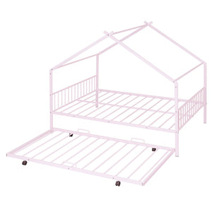 HomeRoots Pink Metal Full Bed Frame with Trundle - Chic, Durable Design for Kids' Rooms & Guest Spaces 590286