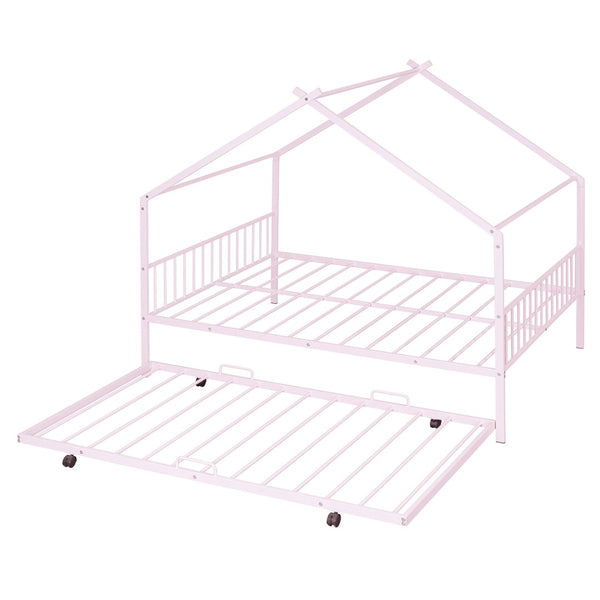 HomeRoots Pink Metal Full Bed Frame with Trundle - Chic, Durable Design for Kids' Rooms & Guest Spaces 590286