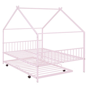 HomeRoots Pink Metal Full Bed Frame with Trundle - Chic, Durable Design for Kids' Rooms & Guest Spaces 590286