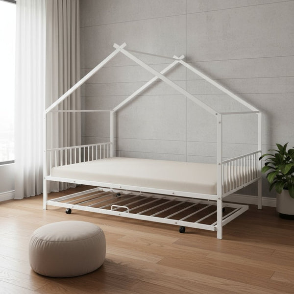 HomeRoots White Metal Full Bed Frame with Trundle - Elegant Design, Durable Construction, Perfect for Guests! 590287