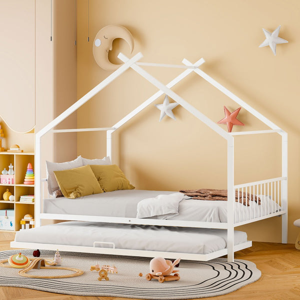 HomeRoots White Metal Full Bed Frame with Trundle - Elegant Design, Durable Construction, Perfect for Guests! 590287