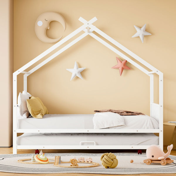 HomeRoots White Metal Full Bed Frame with Trundle - Elegant Design, Durable Construction, Perfect for Guests! 590287