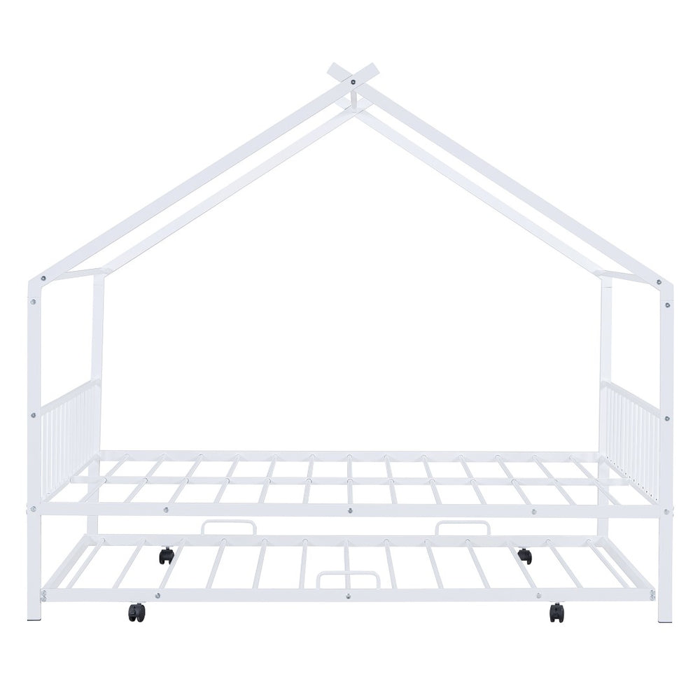 HomeRoots White Metal Full Bed Frame with Trundle - Elegant Design, Durable Construction, Perfect for Guests! 590287