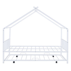 HomeRoots White Metal Full Bed Frame with Trundle - Elegant Design, Durable Construction, Perfect for Guests! 590287